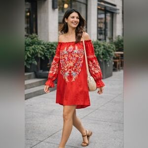Free People Fleur Du Jour Shift Dress Red Embroidered | Size L | New